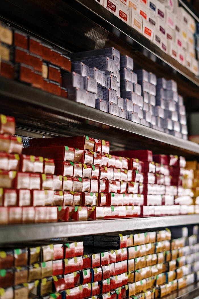 Vertical shot of neatly stacked colorful hair dye boxes on salon shelves, ideal for beauty industry visuals.